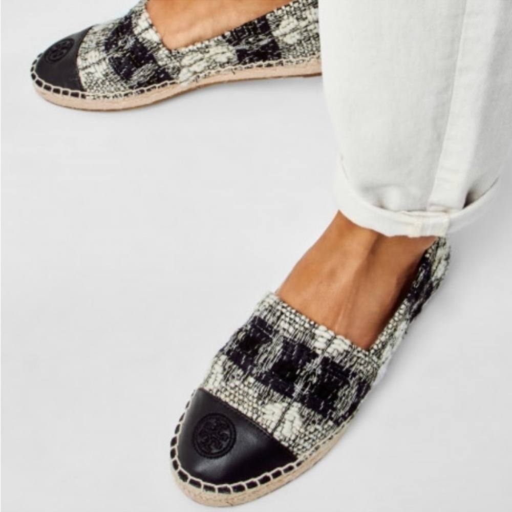 Tory Burch Wool Color Block Flat Espadrille White/Black- leather